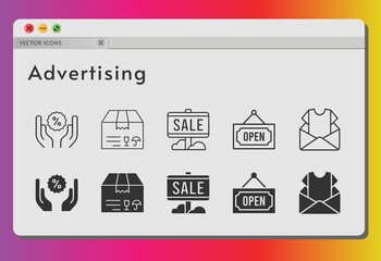 advertising icon set. included newsletter, sale, package, discount, open icons on white background. linear, filled styles.