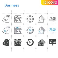 business icon set. included online shop, 24-hours, shop, price tag, credit card icons on white background. linear, bicolor, filled styles.