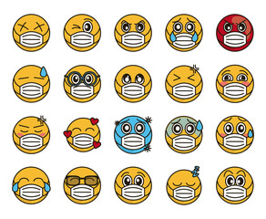 emoticon with medical mask coronavirus covid-19 pandemic, flat cartoon style icons set