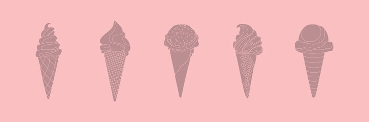 Set of ice cream cones. Vector illustration in a simple flat style and a pink background with a outline.