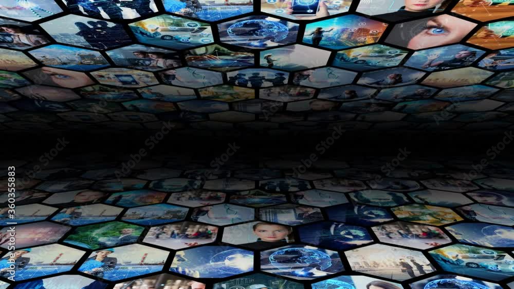 Poster background animation of hexagonal picture tiles. business strategy. science technology.