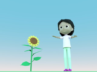 夏景色・子供とひまわりの背比べ