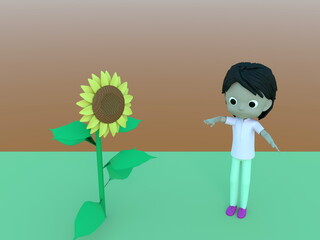 夏景色・子供とひまわりの背比べ