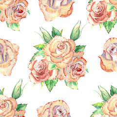 Seamless pattern with peach roses. Peach roses, green leaves, open and closed flowers. Watercolor illustration