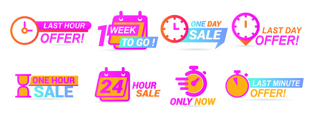 Sale countdown badges. Last minute offer banner, one day sales and 24 hour sale promo stickers. business limited special promotions, best deal badge. Isolated vector icons set