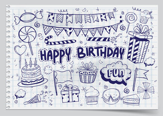 Happy Birthday background. Hand-drawn Birthday sets, party blowouts, party hats, gift boxes and bows, garlands and balloons and firework, candles on birthday pie.