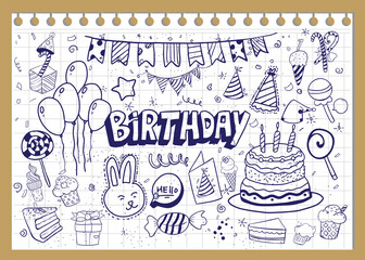 Happy Birthday background. Hand-drawn Birthday sets, party blowouts, party hats, gift boxes and bows, garlands and balloons and firework, candles on birthday pie.