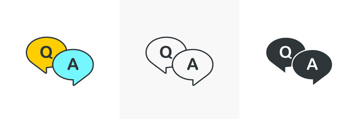 FAQ, questions and answers icon. Line, glyph and filled outline colorful version, Q and A speech outline and filled vector sign. Symbol, logo illustration. Different style icons set. Vector graphics.