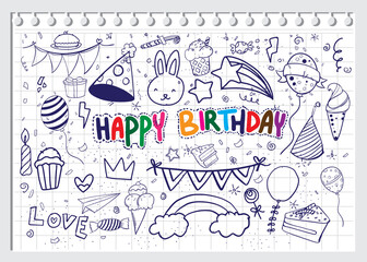 Happy Birthday background. Hand-drawn Birthday sets, party blowouts, party hats, gift boxes and bows, garlands and balloons and firework, candles on birthday pie.