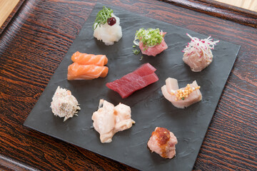 Japanese food variety set on wooden table