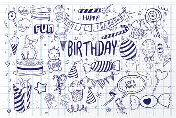 Happy Birthday background. Hand-drawn Birthday sets, party blowouts, party hats, gift boxes and bows, garlands and balloons and firework, candles on birthday pie.