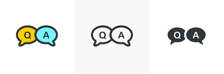 FAQ, questions and answers icon. Line, glyph and filled outline colorful version, Q and A speech outline and filled vector sign. Symbol, logo illustration. Different style icons set. Vector graphics.
