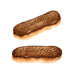 Chocolate eclairs with nuts isolated on white background. 
Watercolor hand-drawn illustration. 
Perfect for your project, cards, prints, covers, menu, patterns.