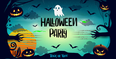 Happy Halloween Poster, night background with creepy pumpkins, illustration. vector elements for banner, greeting card Halloween celebration.