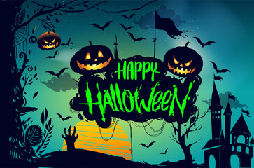 Happy Halloween Poster, night background with creepy pumpkins, illustration. vector elements for banner, greeting card Halloween celebration.