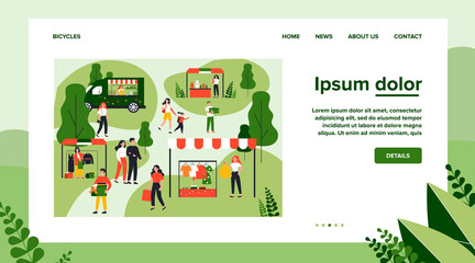 People walking in park during garage sale flat vector illustration. Cartoon man and woman and street season flea market. Community and summer fair concept