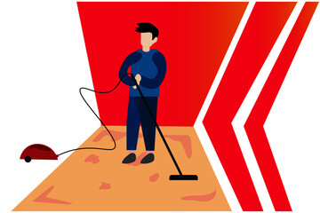 Carpet cleaning boy with a vacuum cleaner.
