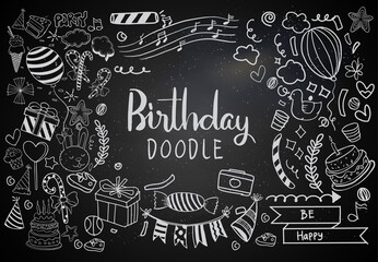 Fototapeta na wymiar Happy Birthday background. Hand-drawn Birthday sets, party blowouts, party hats, gift boxes and bows. vector illustration chalk texture isolated on black background