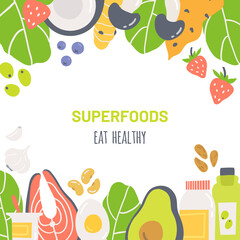 Super foods hand drawn background design with place for text.