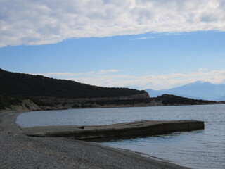 View of the Gulf of Corinth in Greece on a sunny but cloudy day