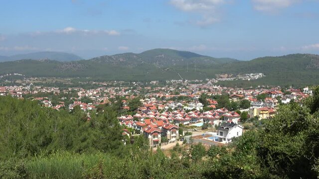 Ovacik, Fethiye, Turkey - 11th of Jane 2020: 4K Ovacik village sinking in the Lycian forest
