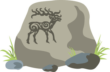 Siberian cave painting. Scythian deer painted on a stone. Russian history. Flat infographics. Vector illustration