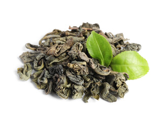 Dry and fresh tea leaves isolated on white