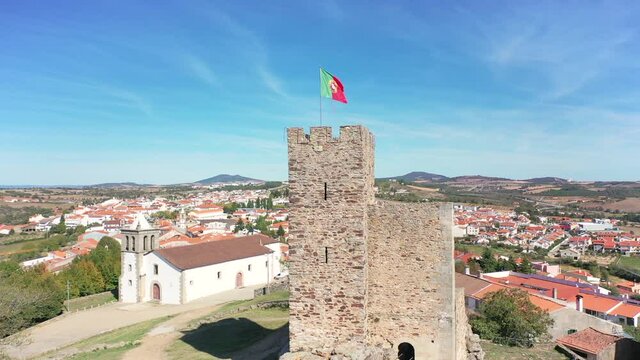 aerial view over the Medieval Templar castle and Mogadouro town, district of Braganca, Tras-os-Montes, Portugal