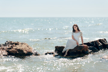 Woman with Long Dress Sitting on Rocks By the Sea