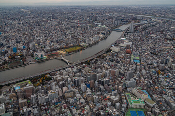 Tokyo city spreads out  to the horizon at dusk, the vast metropolis as viewed from the Skytower