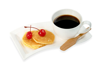 coffee cup with pancakes and cherry isolated on white background ,include clipping path