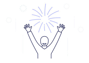 Expression of emotion with mouth and hand gesture: express happiness, celebrating success on fireworks background