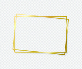 Golden border frame with light shadow and light affects. Gold decoration in minimal style. Graphic metal foil element in geometric thin line rectangle shape.