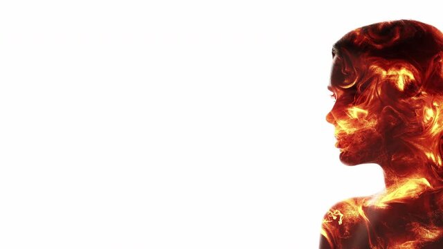 Surreal portrait. Female energy. Orange burning woman silhouette double exposition isolated on white.