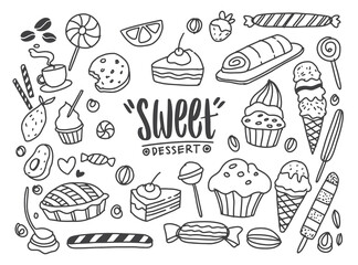 Set of drawings on the theme cakes. Cakes, pies, bread, Desserts, sweets, ice cream, muffin and other confectionery products. vector illustration