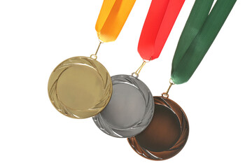 Gold, silver and bronze medals isolated on white. Space for design