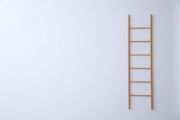 Modern wooden ladder on white background. Space for text