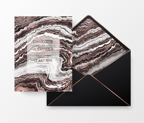 Marble celebration design card and envelope with dark copper fluid waves texture.