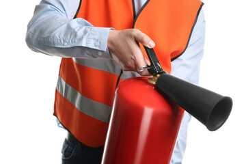 Worker using fire extinguisher on white background, closeup