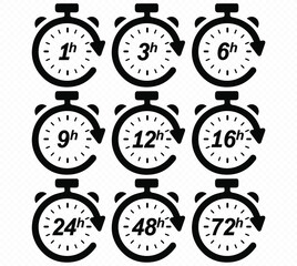 Clock arrow 1, 3, 6, 9, 12, 16, 24, 48, 72 hours. Set of delivery service time icons. EPS 10