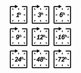 Clock arrow 1, 3, 6, 9, 12, 16, 24, 48, 72 hours. Set of delivery service time icons. EPS 10