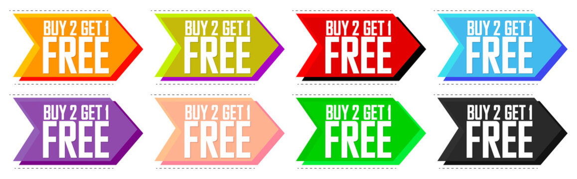  Buy 2 Get 1 Free, Set Sale bubble banners design template, discount tags, app icons, vector illustration