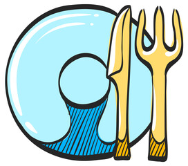 Dishes icon in color drawing. Spoon fork dinner supper breakfast eating