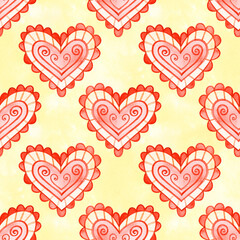 Fototapeta na wymiar Colorful hearts seamless pattern painted with watercolor