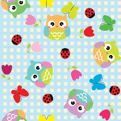 Seamless background with spring elements - owls, butterfly and flowers. Vector illustration.