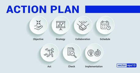 Action plan banner web icon for business and marketing. objective, strategy, Collaboration, Schedule, Plan and implementation. Minimal vector infographic.