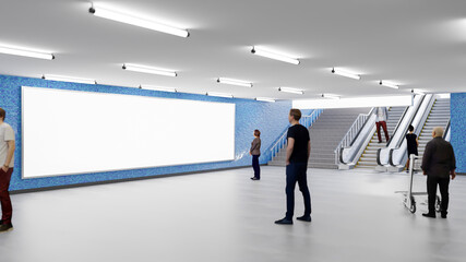 Large rectangle billboard with passenger walking in subway