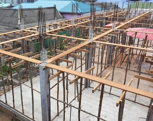 Fototapeta na wymiar Scaffolding or staging is temporary structure used to support work crew and materials to aid in construction, maintenance and repair of buildings.