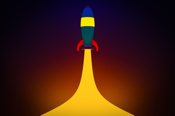 3D illustration of a blue cartoon-style rocket rushing into space, leaving a trail of yellow on a dark black background. 