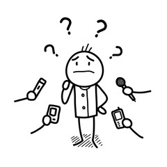 Interview public speaking doodle, a hand drawn stick figure being interviewed by the media but confused on what to say.